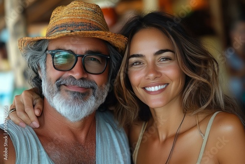  Happy couple enjoying vacation in tropical setting with smiles and relaxed vibes, wearing summer outfits and accessories.