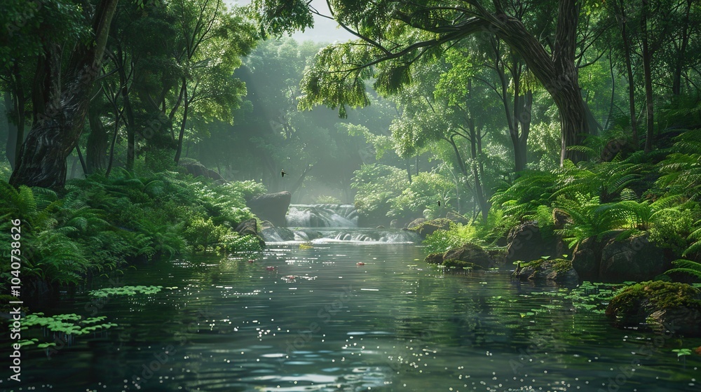 A scenic river flowing through a dense forest, with various aquatic plants along the banks and fish swimming in the gentle current A scenic river flowing through a dense forest, with various aquatic plants along the banks and fish swimming in the gentle current