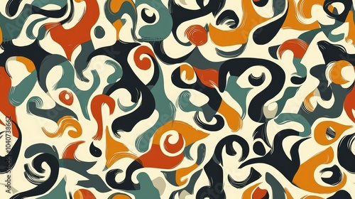 Abstract seamless pattern with swirls and spots in orange, blue, red and black on a beige background.