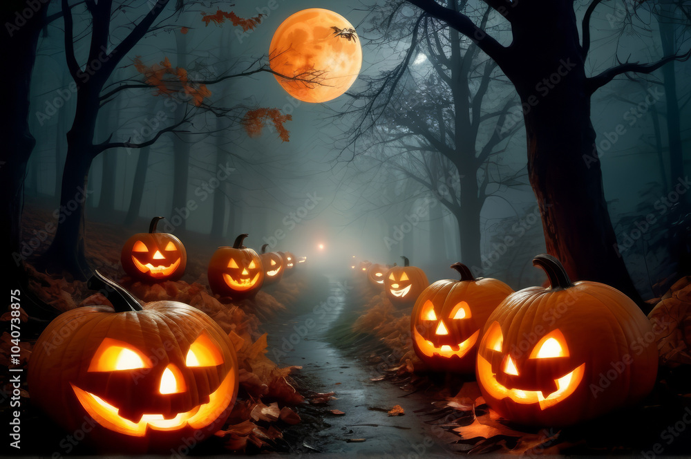 Enchanted Halloween Pathway with Jack-o-Lanterns Illustration Enchanted Halloween Pathway with Jack-o-Lanterns Illustration