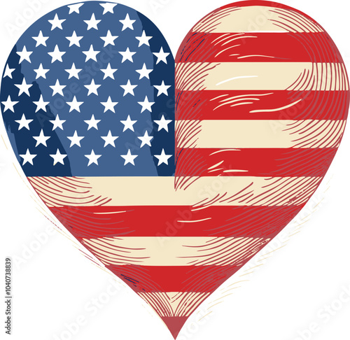 american flag heart, HEART SHAPE with america pattern, Heart shape of USA flag, Flat lay design for greeting card, poster, banner and print.
