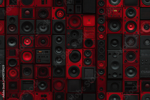 pattern of different used and vintage speakers and subwoofers in dark red, music wall, sound equipment, black, boxes, loudspeakers, photorealistic, TILE photo