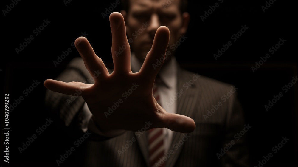 A man in a suit reaches out with an extended hand against a dark background during an intense moment A man in a suit reaches out with an extended hand against a dark background during an intense moment