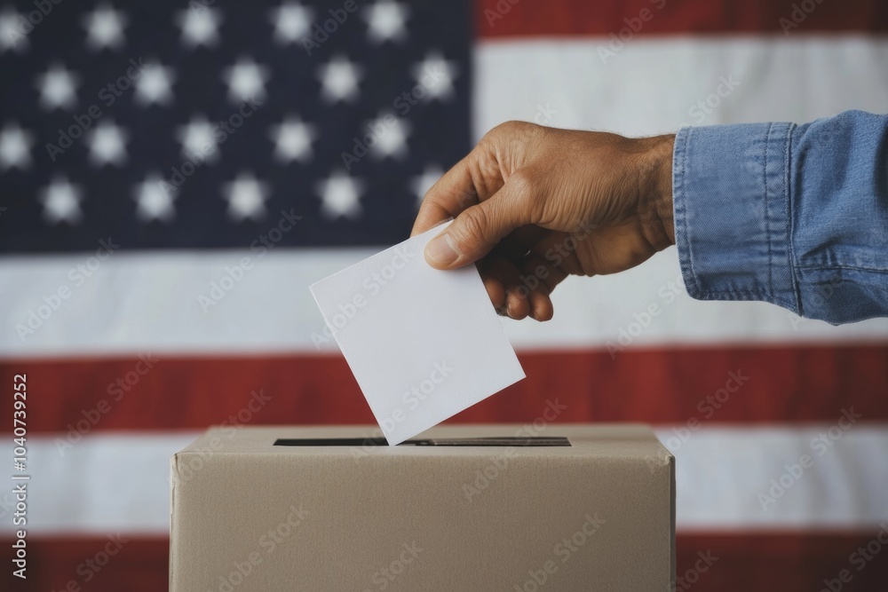 A hand casting a ballot into a box in front of the American flag, honoring civic responsibility and the democratic voting process A hand casting a ballot into a box in front of the American flag, honoring civic responsibility and the democratic voting process