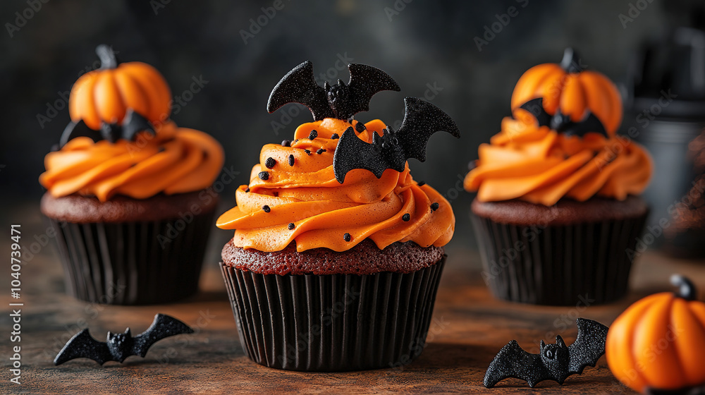 Halloween chocolate cupcakes with pumpkin cream icing at the top and chocolate bats. Halloween chocolate cupcakes with pumpkin cream icing at the top and chocolate bats.