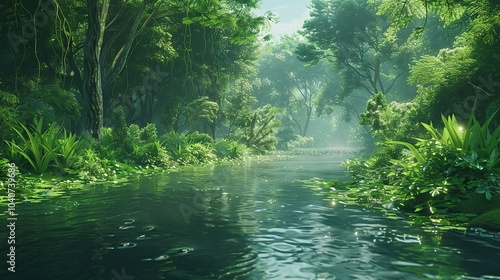 A scenic river flowing through a dense forest, with various aquatic plants along the banks and fish swimming in the gentle current