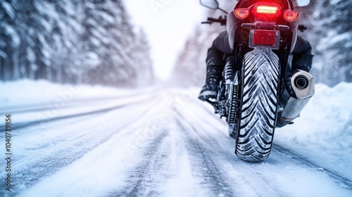motorcycle journey on snowy road, rear view with tire tracks