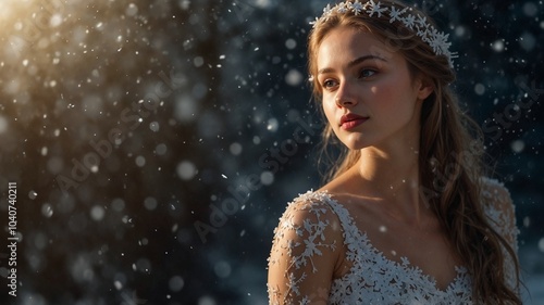 beautiful woman in evening dress made of lace and sequins resembling snowflakes on new year, christmas atmosphere, falling snow