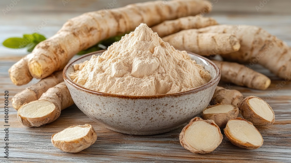 Ground ginger powder in a bowl with fresh ginger roots. Ground ginger powder in a bowl with fresh ginger roots.