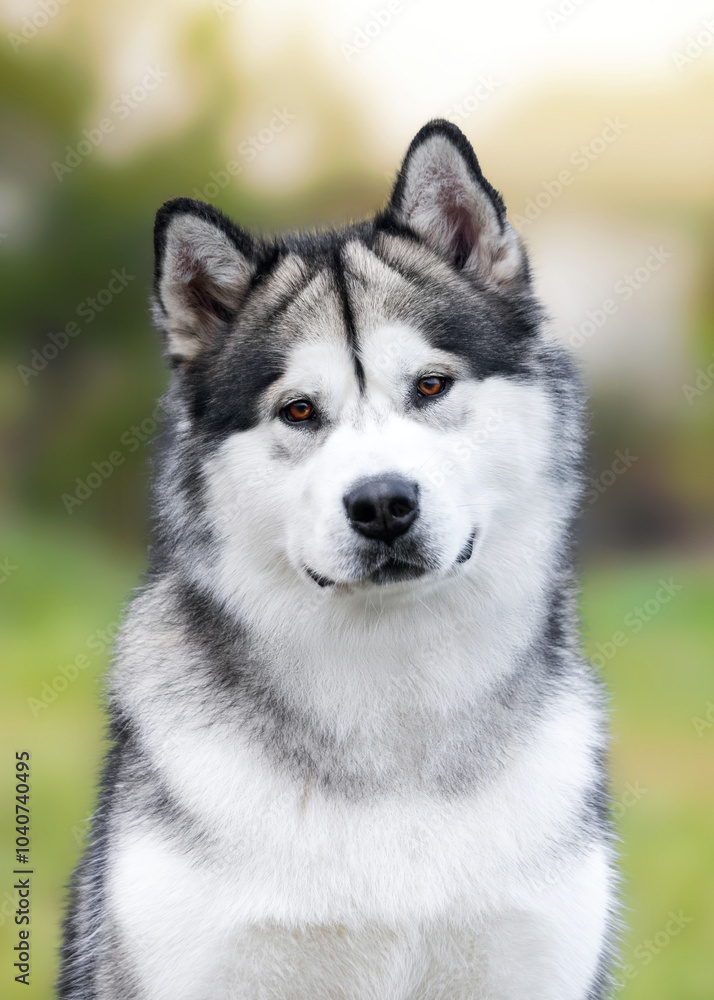 Close up portrait of alaskan malamute on summer background Close up portrait of alaskan malamute on summer background