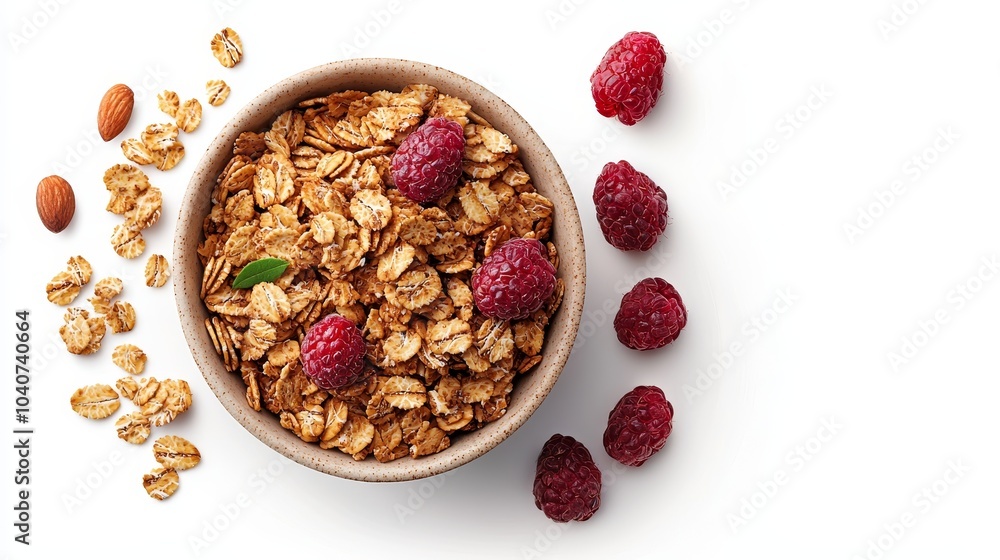 A well-balanced composition of wholesome granola, perfect textures and shadows, captured on a white background, ideal for product marketing A well-balanced composition of wholesome granola, perfect textures and shadows, captured on a white background, ideal for product marketing