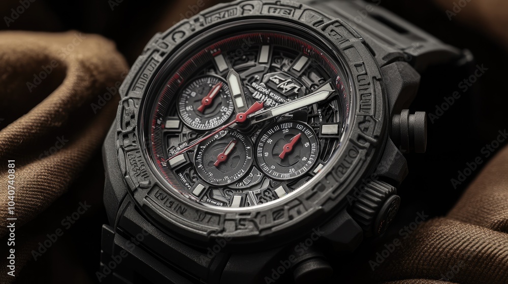 Black chronograph wristwatch with red accents on a brown background. Black chronograph wristwatch with red accents on a brown background.