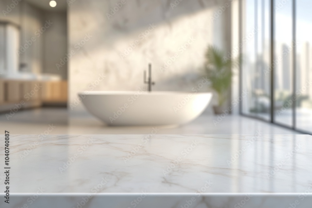 Modern bathroom design featuring a freestanding tub and large windows with a city view during the day Modern bathroom design featuring a freestanding tub and large windows with a city view during the day