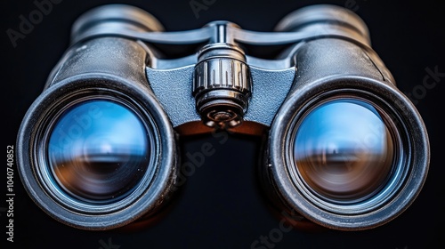 Black binoculars with blue reflection in the lenses on a black background.