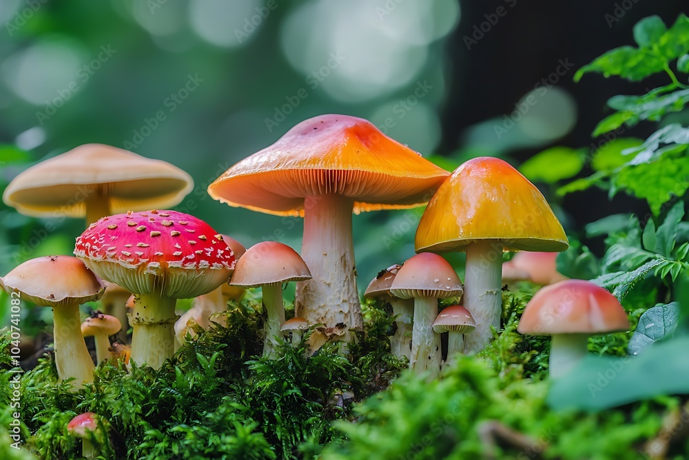 A vibrant forest filled with various edible mushrooms growing amongst the greenery. A vibrant forest filled with various edible mushrooms growing amongst the greenery.