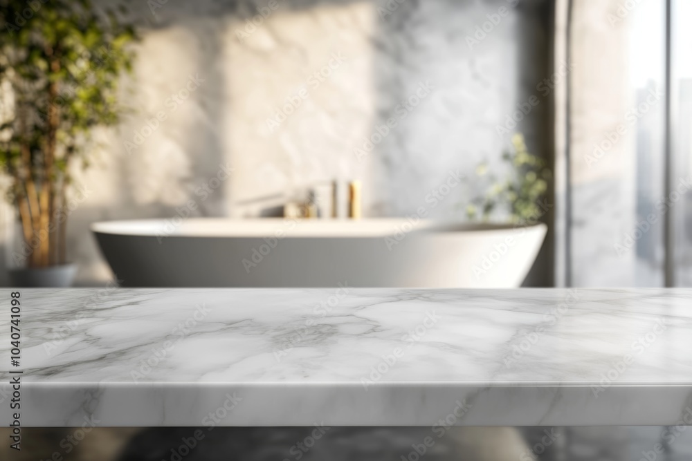 Elegant marble countertop with a modern bathtub in a luxurious bathroom during daylight Elegant marble countertop with a modern bathtub in a luxurious bathroom during daylight