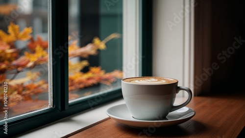 Autumn scene of cup of coffee next to a window with view of fall leaves on trees in the background
