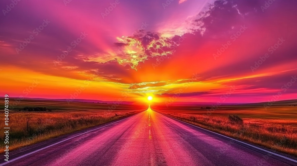 Naklejka premium Vibrant Sunset Over Open Road and Fields
