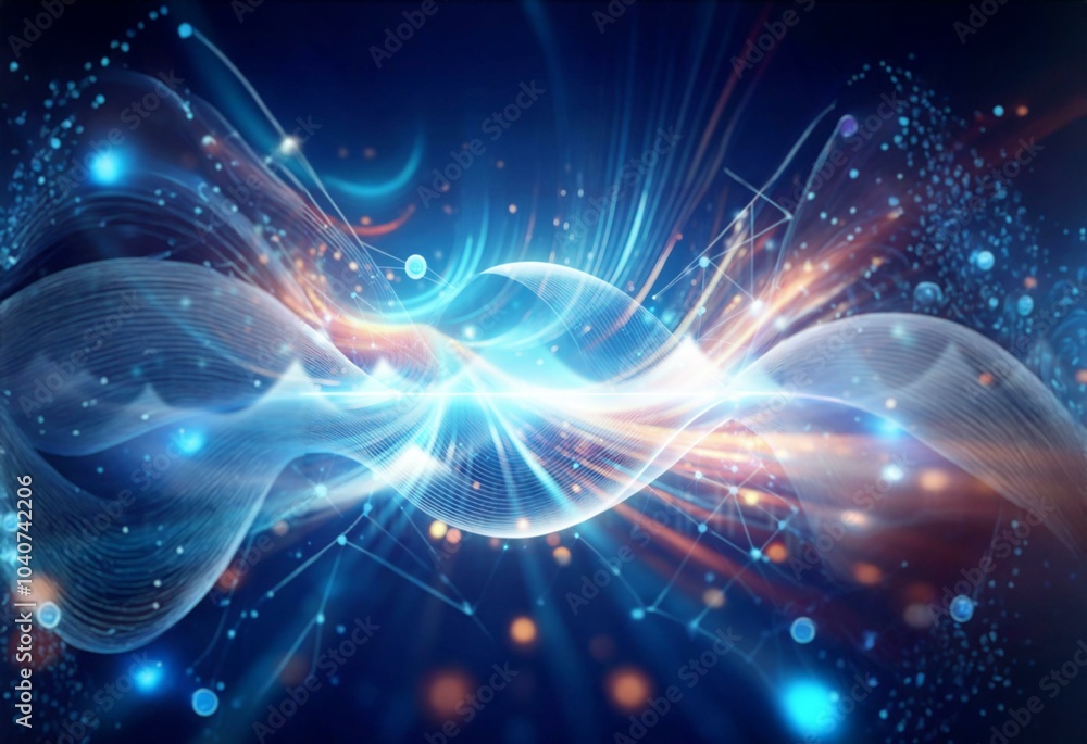 Fototapeta premium Abstract glowing lines in blue and orange colors twist and turn against a dark background.