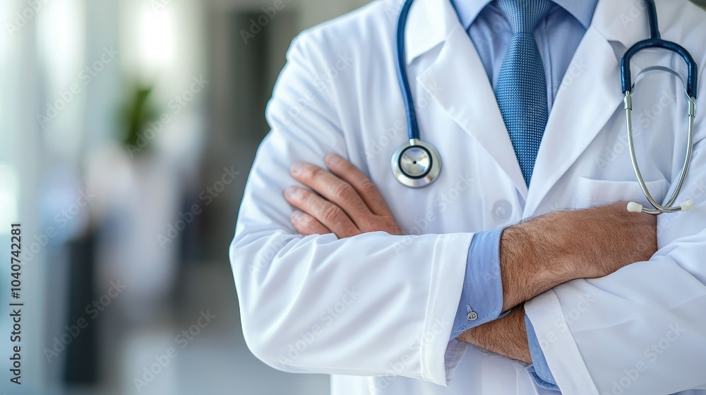 Close up of a doctor standing with arms crossed. Close up of a doctor standing with arms crossed.