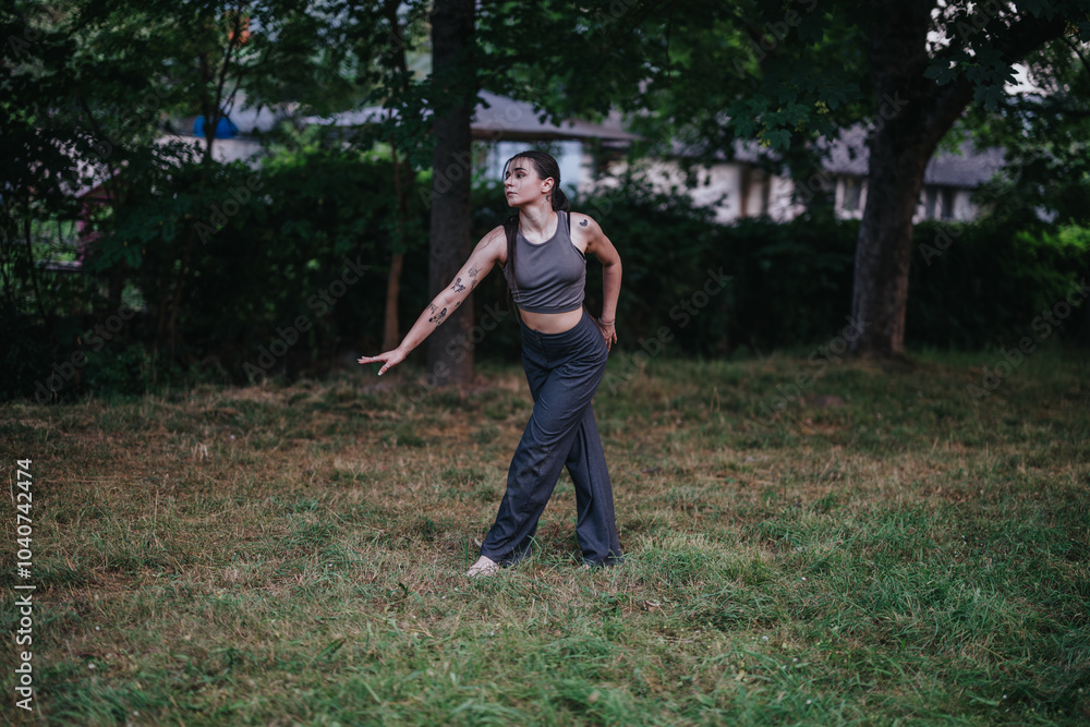 A woman gracefully stretches during a dance practice in a tranquil forest environment, conveying balance and focus. The natural surroundings enhance her peaceful expression. A woman gracefully stretches during a dance practice in a tranquil forest environment, conveying balance and focus. The natural surroundings enhance her peaceful expression.