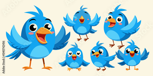 A collection of cute blue cartoon birds displaying various emotions and expressions.