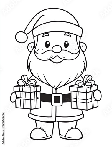  A simple coloring book page for children, featuring a cute Santa Claus with small presents.