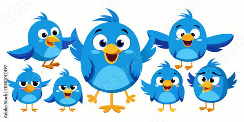 A collection of cute blue cartoon birds displaying various emotions and expressions.