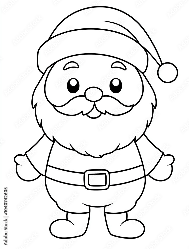 A simple, cute cartoon of Santa Claus in black and white line art, suitable as a coloring page for kids. A simple, cute cartoon of Santa Claus in black and white line art, suitable as a coloring page for kids.