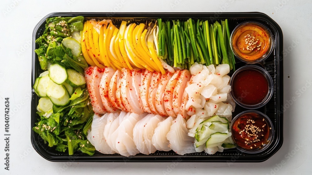 Fresh and Colorful Sashimi Platter with Dipping Sauces Fresh and Colorful Sashimi Platter with Dipping Sauces