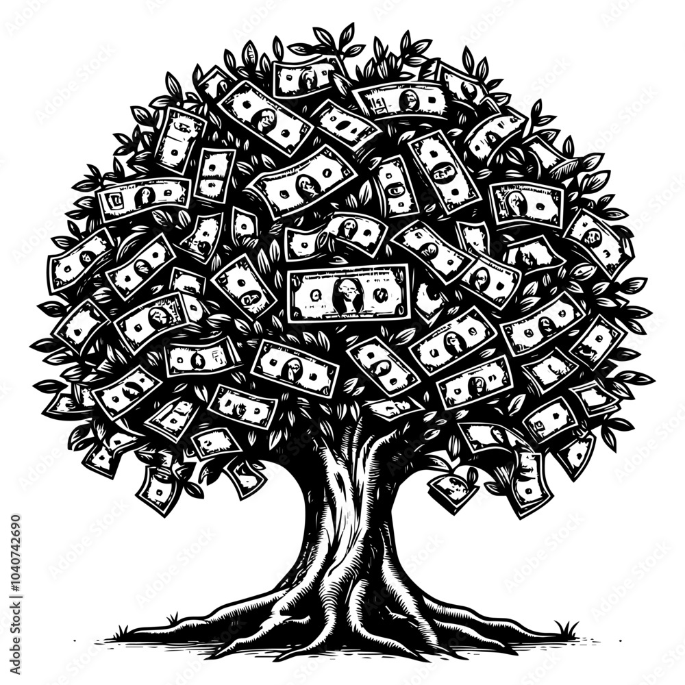 Money Tree Illustration Featuring Dollar Bills and Leaves. Vector, generative ai. Money Tree Illustration Featuring Dollar Bills and Leaves. Vector, generative ai.