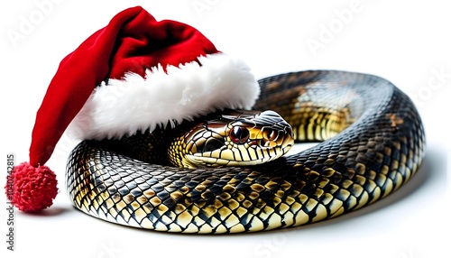 holiday snake isolated with santa claus hat on white background photo