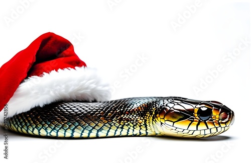 snake in santa hat, snake with santa claus hat isolated on a white holiday backdrop photo