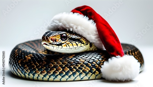 isolated festive snake in santa claus hat on white background photo