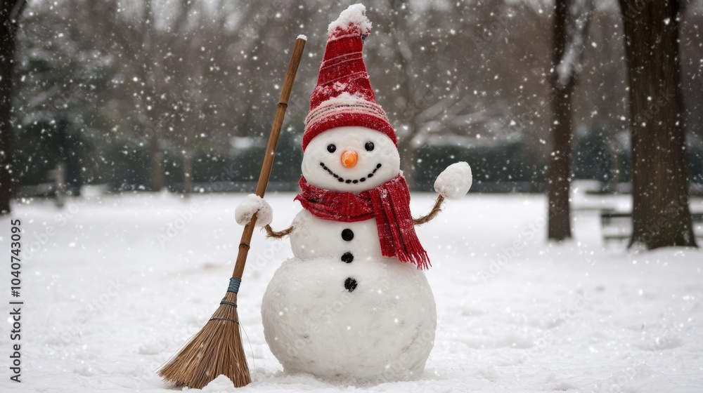 Obraz premium snowman with scarf and hat in snowy park.