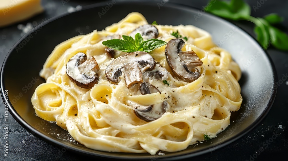Fresh pasta with mushroom and cream sauce served on dark plate on dark background. Dark plate with italian foods. Ultra realistic. Photorealistic Fresh pasta with mushroom and cream sauce served on dark plate on dark background. Dark plate with italian foods. Ultra realistic. Photorealistic