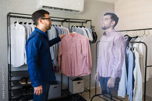 Fotografia Man demonstrates augmented reality technology by virtually trying on a shirt