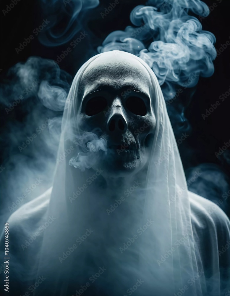 Ghostly figure looms in the dark. Swirling mist. Eerie atmosphere. Ghost drapes a flowing, translucent gown that blends into the fog, creating an unsettling visual. Feeling of fear and mystery. AI Ghostly figure looms in the dark. Swirling mist. Eerie atmosphere. Ghost drapes a flowing, translucent gown that blends into the fog, creating an unsettling visual. Feeling of fear and mystery. AI
