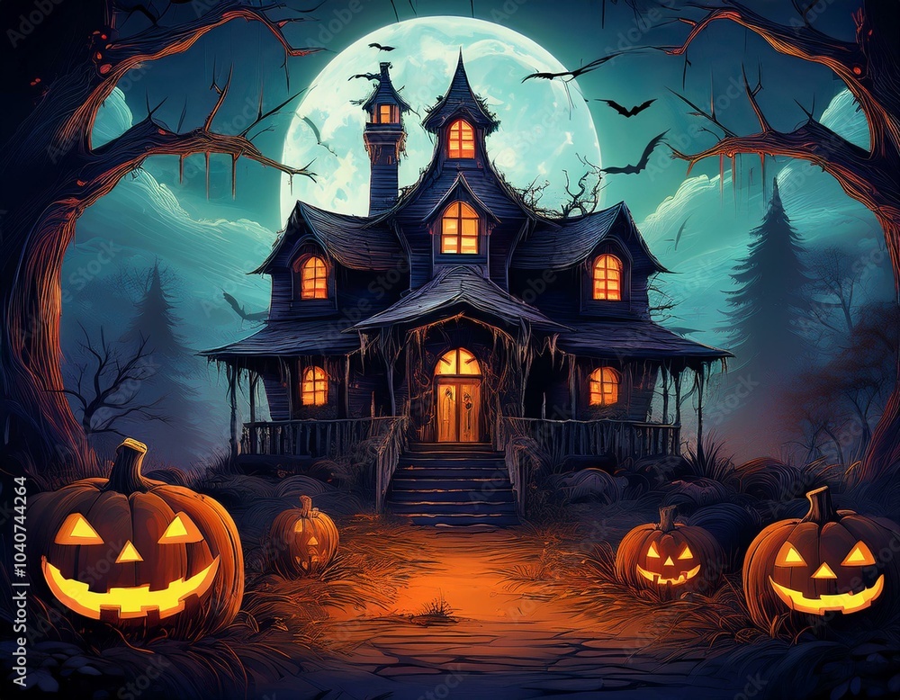 epic illustration halloween background with house epic illustration halloween background with house