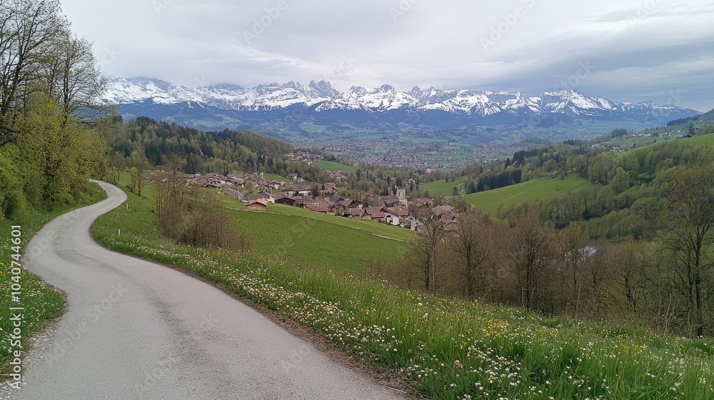 Fototapeta premium Scenic Mountain View with Road and Spring Landscape