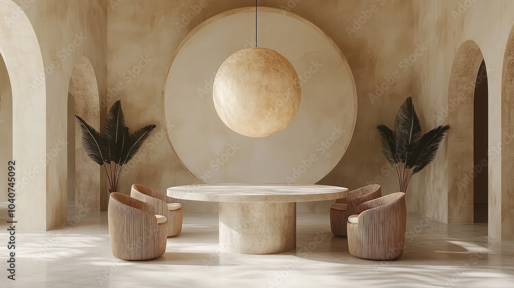 Modern interior featuring a round table and stylish chairs. Modern interior featuring a round table and stylish chairs.