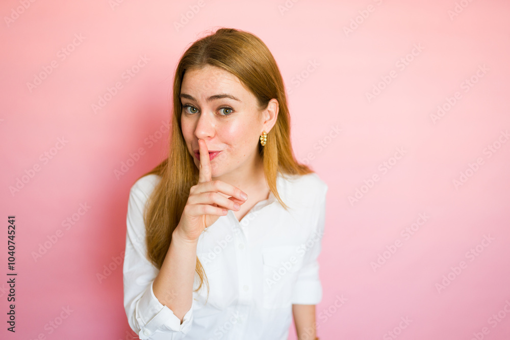 Portrait of a young woman with flowing red hair and a white shirt making a silence gesture with her finger on a pink background Portrait of a young woman with flowing red hair and a white shirt making a silence gesture with her finger on a pink background