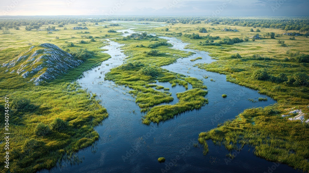 Serene river winding through lush green landscape under blue sky. Serene river winding through lush green landscape under blue sky.
