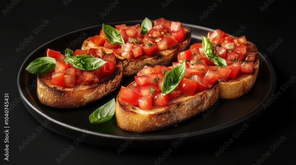 High angle view of traditional italian bruschetta with tomatoes and basil on dark background. Dark plate with italian foods. Ultra realistic. Photorealistic High angle view of traditional italian bruschetta with tomatoes and basil on dark background. Dark plate with italian foods. Ultra realistic. Photorealistic