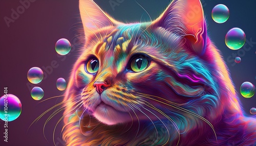 Vibrant Halloween cat portraits with iridescent neon lights, spooky vibes, and colorful designs.