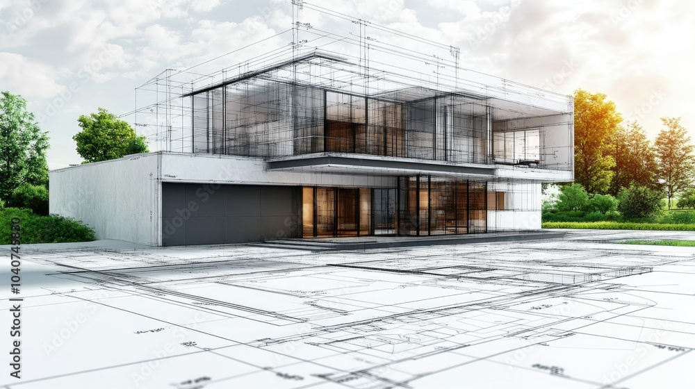 Modern architecture development with holographic plans Modern architecture development with holographic plans
