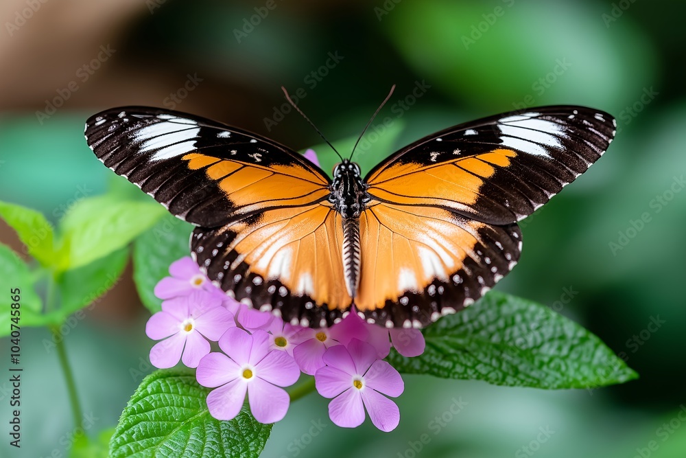 A Butterfly With Vividly Patterned Wings, Perched on a Bright Flower in a Tropical Garden A Butterfly With Vividly Patterned Wings, Perched on a Bright Flower in a Tropical Garden