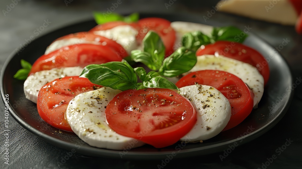Italian caprese salad for valentine's day. Dark plate with italian foods. Ultra realistic. Photorealistic Italian caprese salad for valentine's day. Dark plate with italian foods. Ultra realistic. Photorealistic