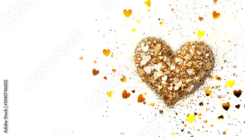 Heart-shaped golden glitter design on transparent background