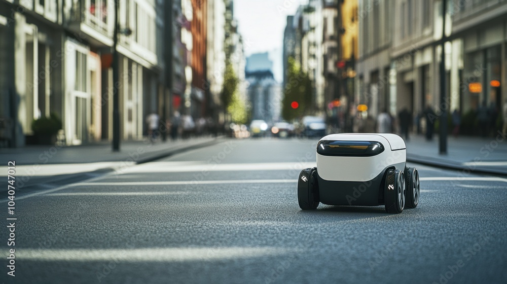 Obraz premium A futuristic AI-driven autonomous delivery robot for urban environments, clean city street with robots designed for package delivery and efficient navigation, Delivery style